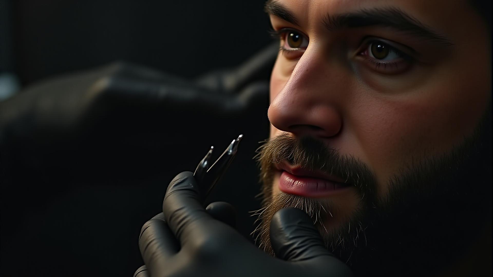 Artisan barbier travaillant sur les contours d'une barbe courte avec précision